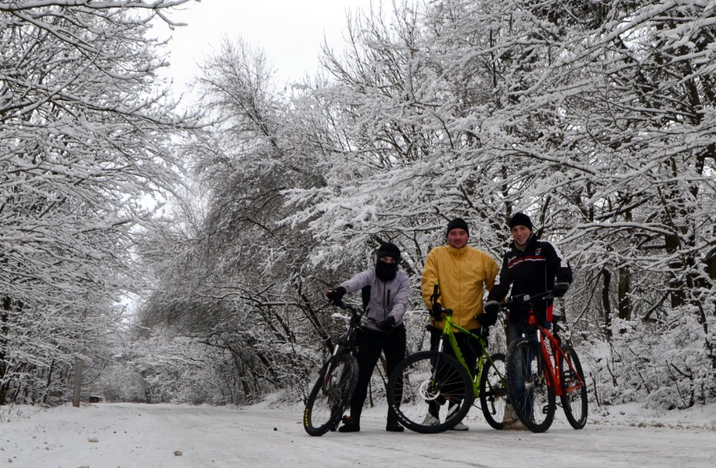 Троица в Краснолесье на велосипедах зимой